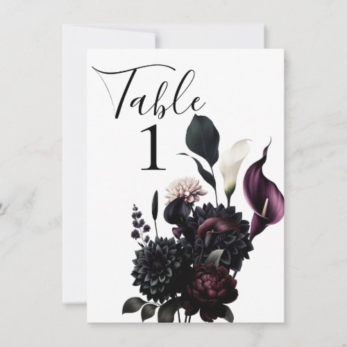 Dark Moody Romantic Floral Wedding Table Number 