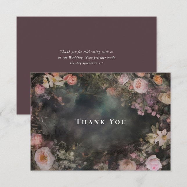 Dark Moody Romantic Floral Wedding Thank You Card (Front/Back)