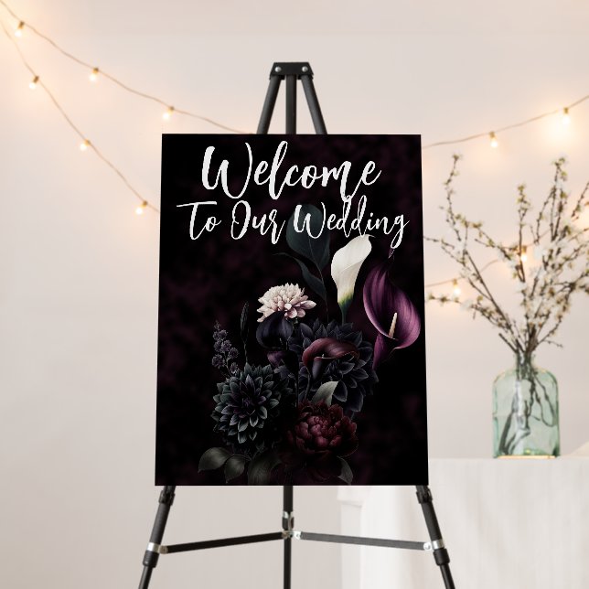 Dark Moody Romantic Floral Wedding Welcome Sign (In Situ (Stand))