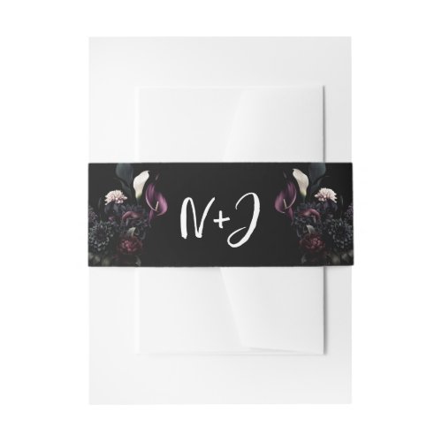 Dark Moody Romantic Floral White Wedding  Invitation Belly Band