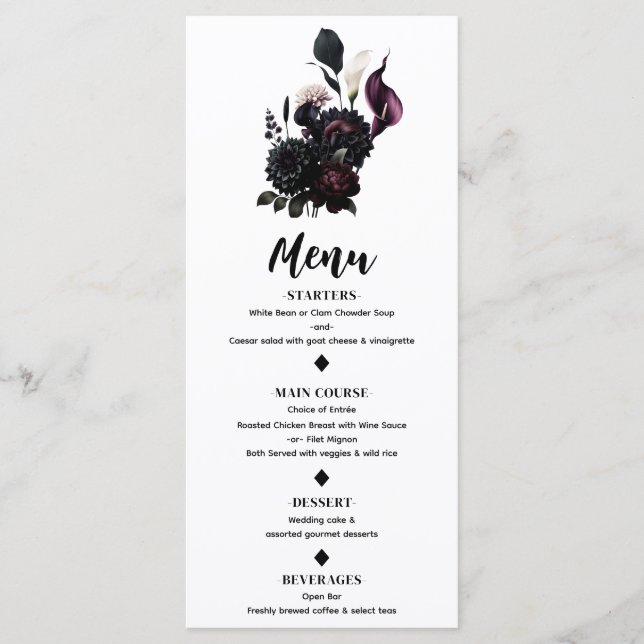 Dark Moody Romantic Floral White Wedding Menu (Front)