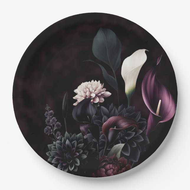 Dark Moody Romantic Floral White Wedding Paper Plates (Front)