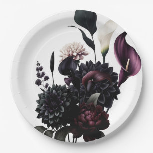 Dark Moody Romantic Floral White Wedding Paper Plates