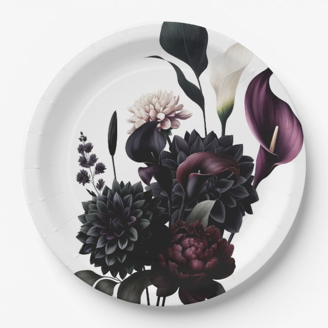 Dark Moody Romantic Floral White Wedding Paper Plates (Front)