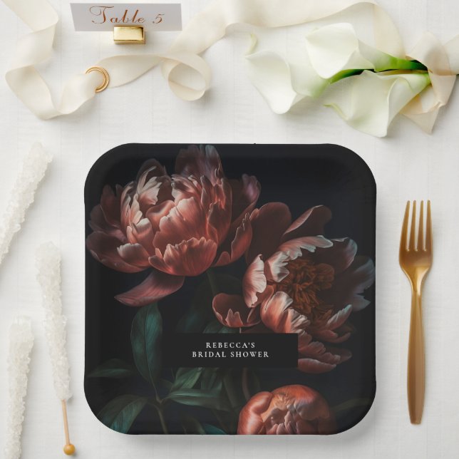 Dark Moody Romantic Florals Bridal Shower Paper Plates (Wedding)
