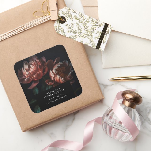 Dark Moody Romantic Florals Bridal Shower Square Sticker (Gifting)
