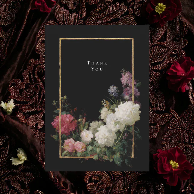 Dark Moody Romantic Flowers Black Faux Gold Thank You Card | Zazzle
