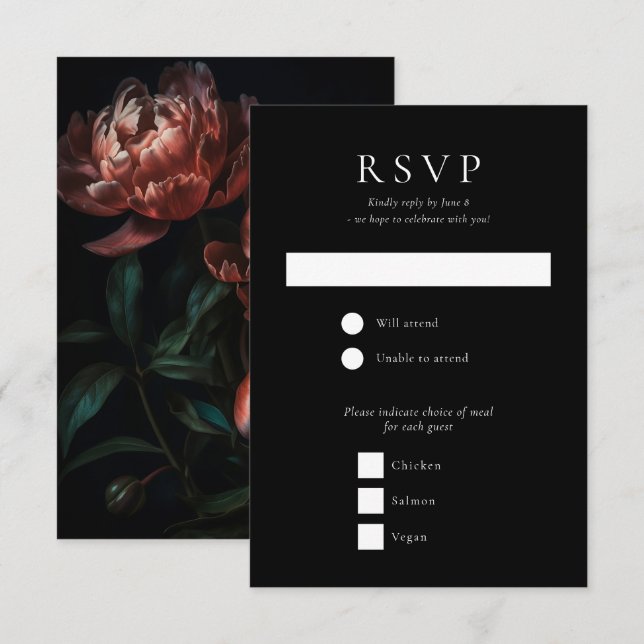 Dark Moody Romantic Gothic Flowers Wedding RSVP Card (Front/Back)