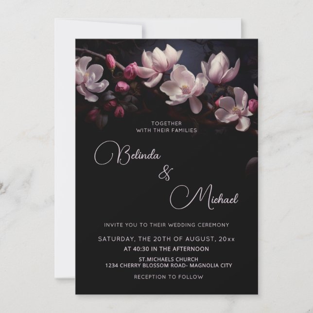 Dark  Moody Romantic Magnolia Flowers Invitation (Front)
