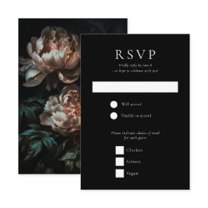 Dark Moody Romantic Peony Flowers Wedding RSVP Card