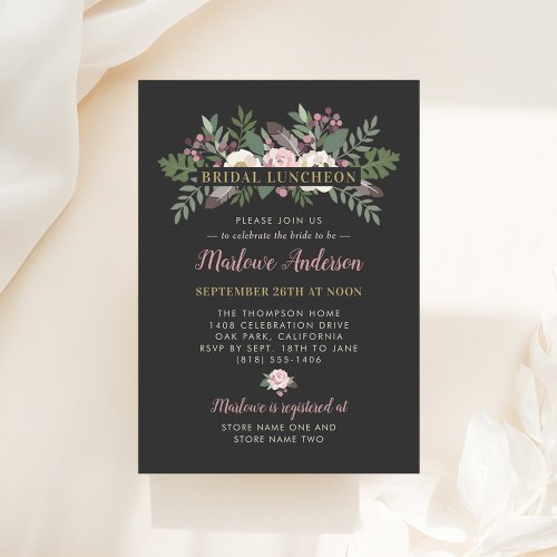 Dark Moody Rose Pink Floral Boho Bridal Luncheon Invitation