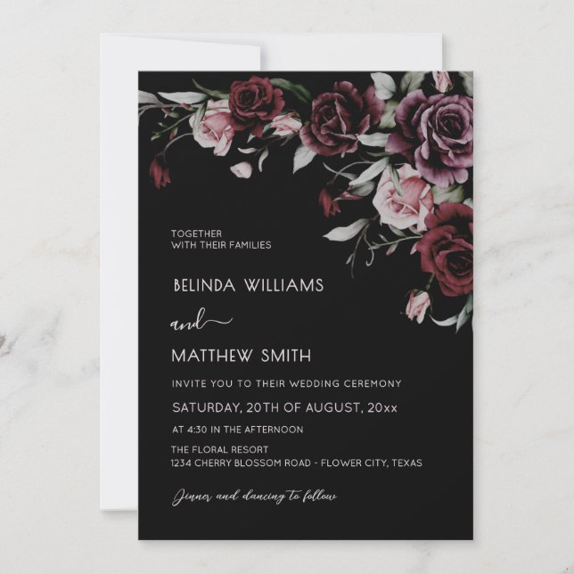 Dark Moody Roses Black Background | Photo Wedding Invitation (Front)