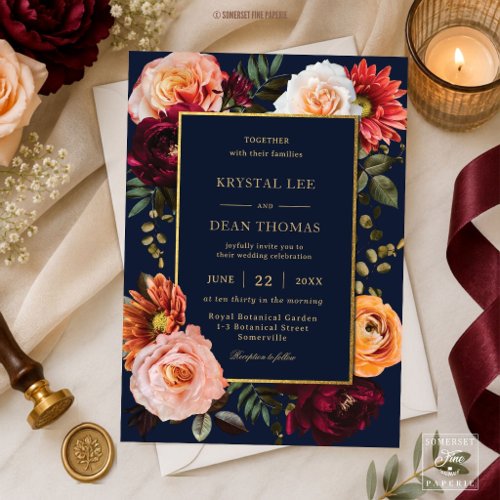 Dark Moody Rust Burgundy Blush Floral Navy Wedding Invitation