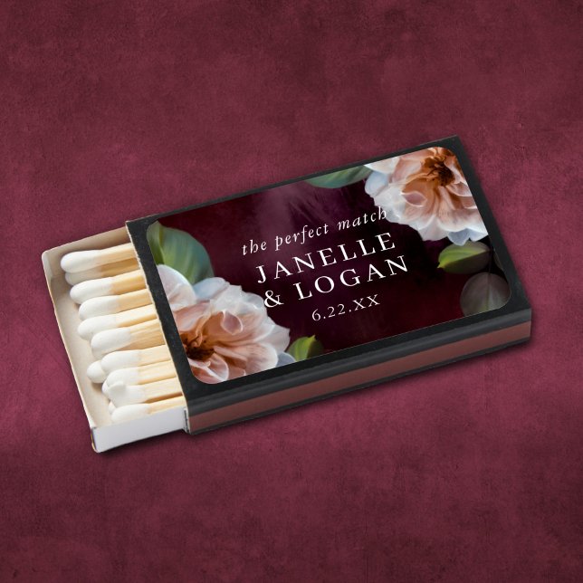 Dark + Moody Rustic Floral Wedding Favor Matchboxes (Creator Uploaded)