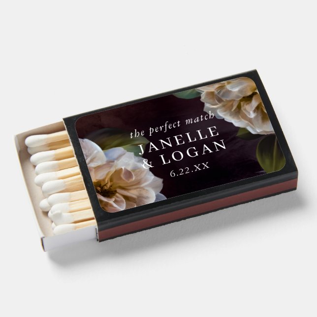 Dark + Moody Rustic Floral Wedding Favor Matchboxes (Front Open)