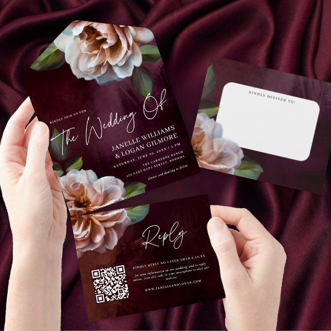 Dark + Moody Rustic Floral Wedding QR Code All In One Invitation (Creator Uploaded)