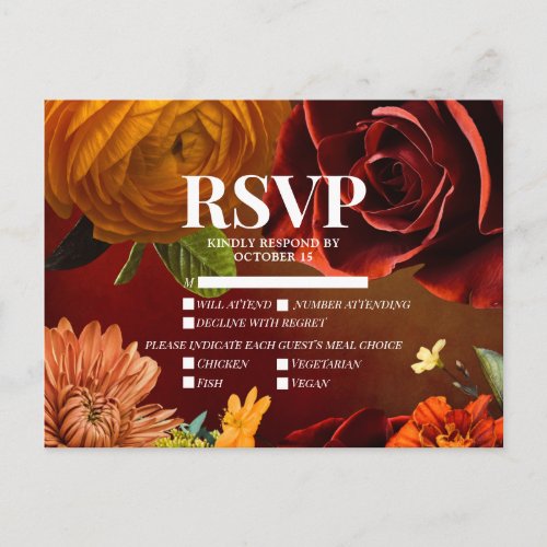 Dark Moody Sunset Colors Meal Choices Wedding RSVP Invitation Postcard
