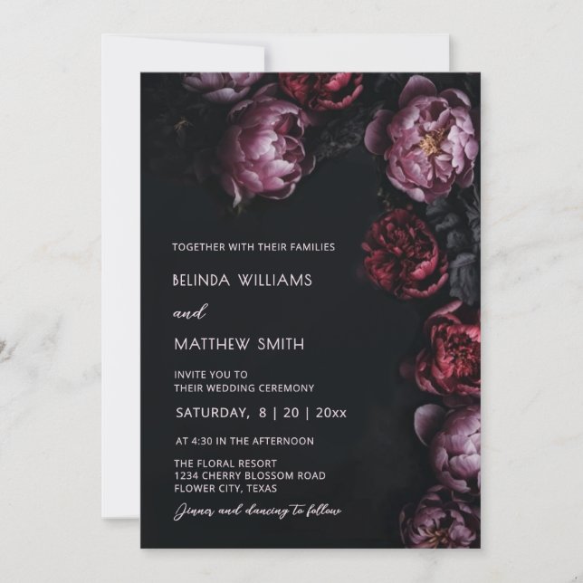 Dark Moody  Textured Flowers Wedding Invitation (Front)