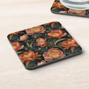 Dark & Moody Vibrant Orange Peony Flowers Beverage Coaster