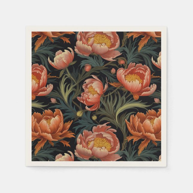 Dark & Moody Vibrant Orange Peony Flowers Napkins (Front)