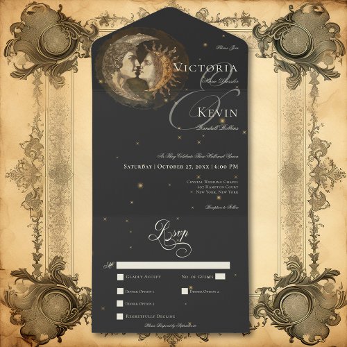 Dark Moody Victorian Kissing Moon  Sun Dinner All In One Invitation