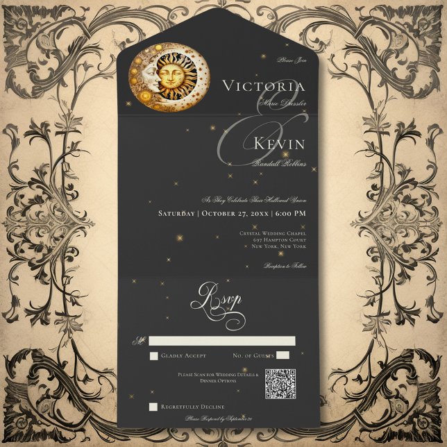 Dark Moody Victorian Moon Sun Stars QR Code All In One Invitation (Dark Moody Victorian Moon Sun Stars QR Code All In One Invitation)