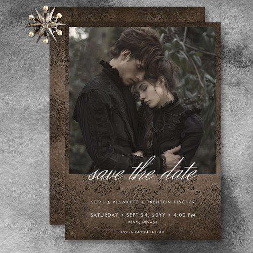 Dark Moody Vintage Brown Damask Photo Wedding Save The Date