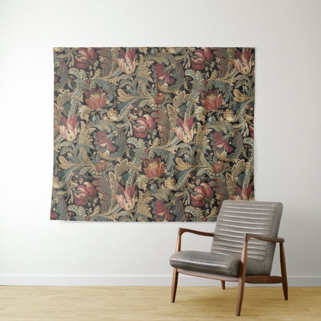 Dark Moody Vintage Floral Botanical Pattern Tapestry (In Situ (Horizontal))