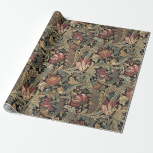 Dark Moody Vintage Floral Botanical Pattern Wrapping Paper