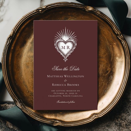 Dark Moody Vintage Heart Burgundy Red Wedding Save The Date