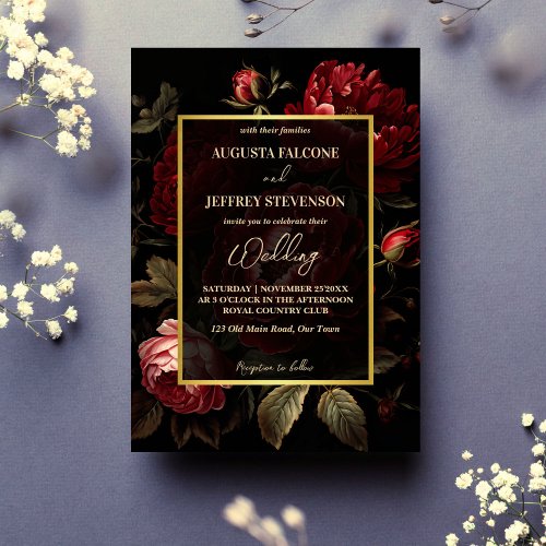 Dark moody vintage roses all in one wedding invitation