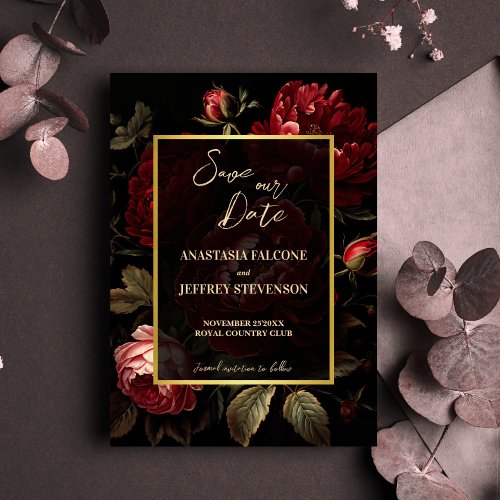 Dark moody vintage roses gothic wedding save the date