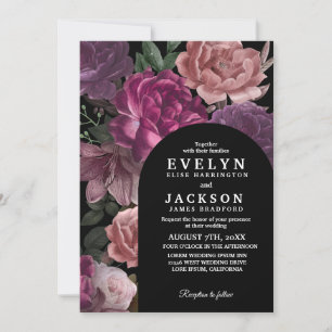 Dark moody Watercolor floral black Wedding Invitation