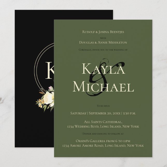 Dark Moody Wedding Black Green Cream Rose Monogram Invitation (Front/Back)