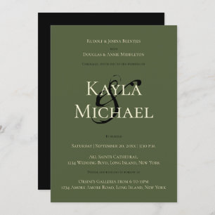Dark Moody Wedding Black Green Cream Rose Monogram Invitation