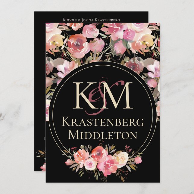 Dark Moody Wedding Monogram Blush Winter Rose Invitation (Front/Back)
