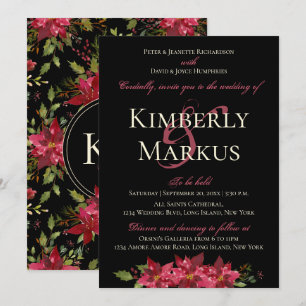 Dark Moody Wedding Monogram Claret Red Poinsettia Invitation