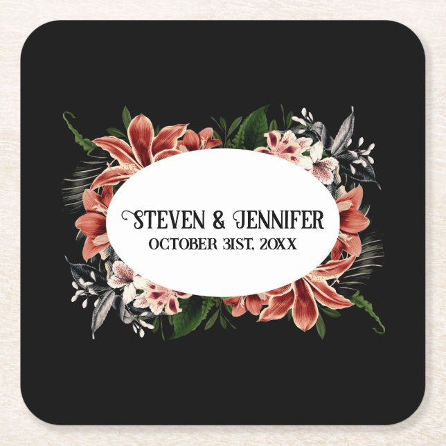 Dark & Moody Wedding Personalized Names Square Paper Coaster (Front)
