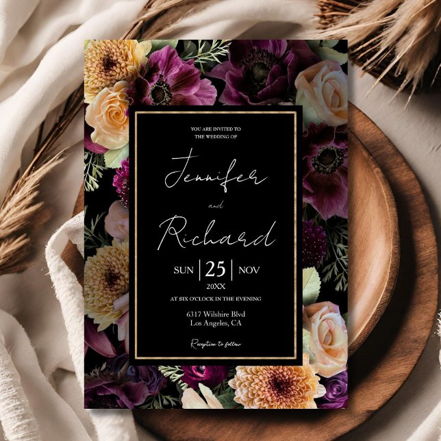 Dark Moody Wedding Purple Flowers Black Gold Invitation (Creator Uploaded)
