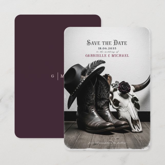 Dark Moody Western Cowboy Skull Rose Wedding Save  The Date (Front/Back)