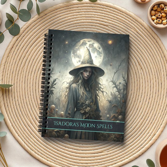 Dark Moon Witch – Custom Grimoire Journal (Dark Moon Witch – Custom Grimoire Journal on a boho table with botanicals and a cup of tea.)