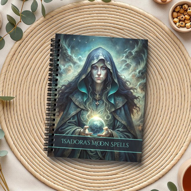 Dark Moon Witch Personalized Spell Notebook (Dark Moon Witch Personalized Spell Notebook on a boho table with botanicals and a cup of tea.)