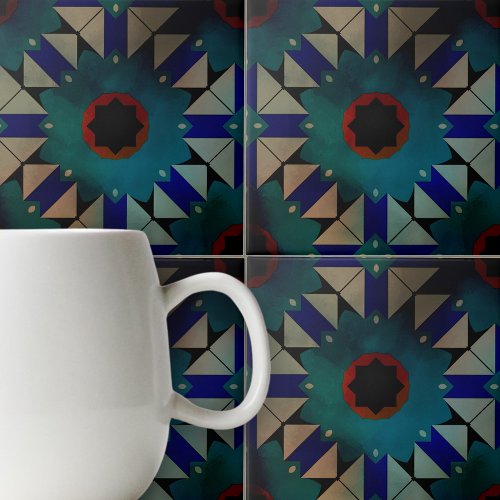 Dark Moorish Symmetrical Geometric Pattern  Ceramic Tile