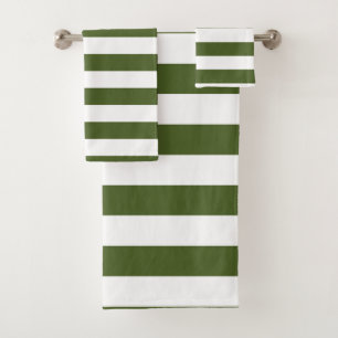 Dark Moss Green and White Stripes Bath Towel Set