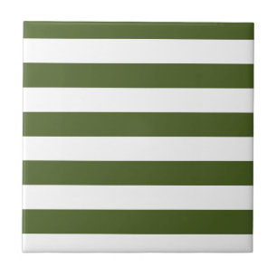 Dark Moss Green and White Stripes Ceramic Tile