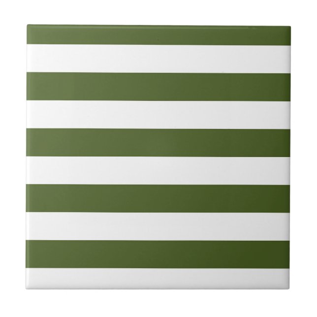 Dark Moss Green and White Stripes Ceramic Tile (Front)