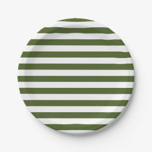 Dark Moss Green and White Stripes Paper Plates