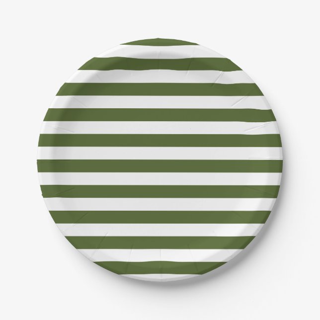 Dark Moss Green and White Stripes Paper Plates (Front)