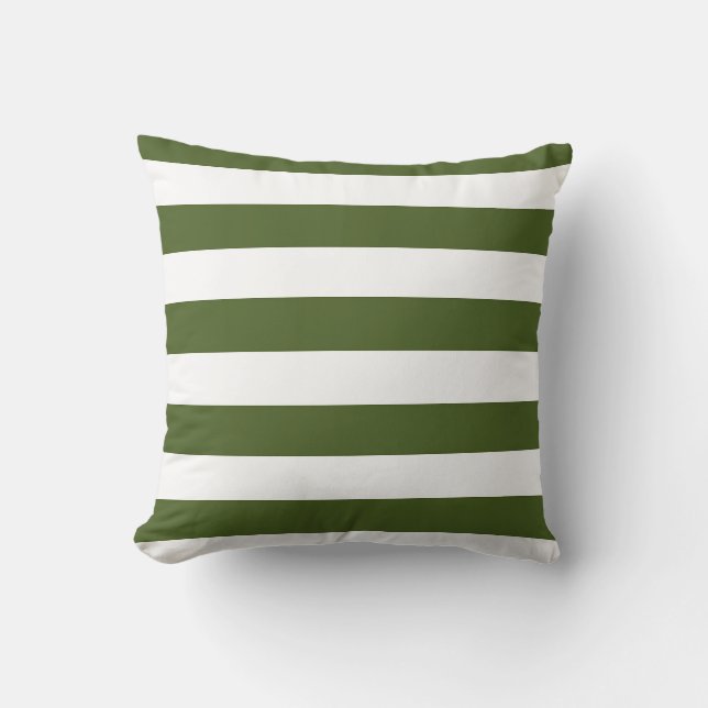Dark Moss Green and White Stripes Throw Pillow (Front)