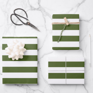 Dark Moss Green and White Stripes Wrapping Paper Sheets